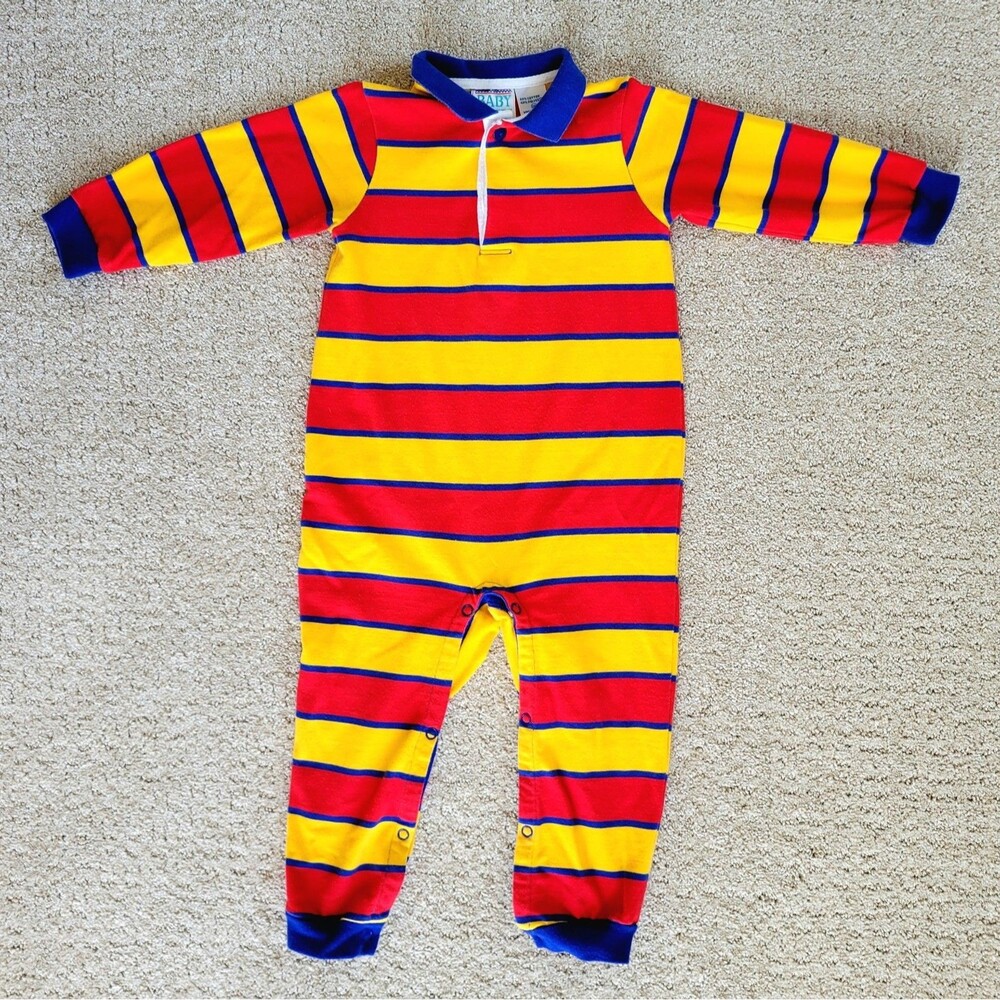 Vintage Long Sleeve Romper 24M Primary Color 80s 90s Red Yellow Stripe Retro